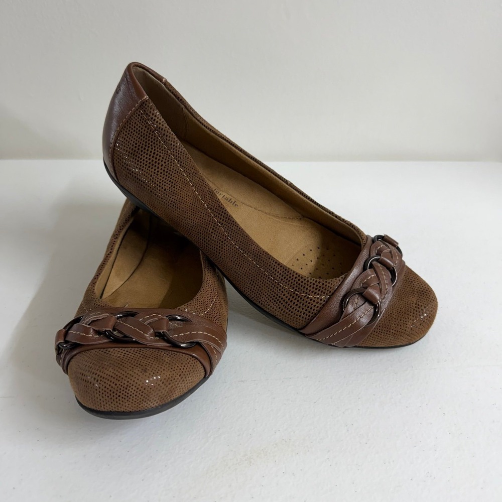 Soft Spots tan leather braided textured slip on casual formal shoes flats comfy